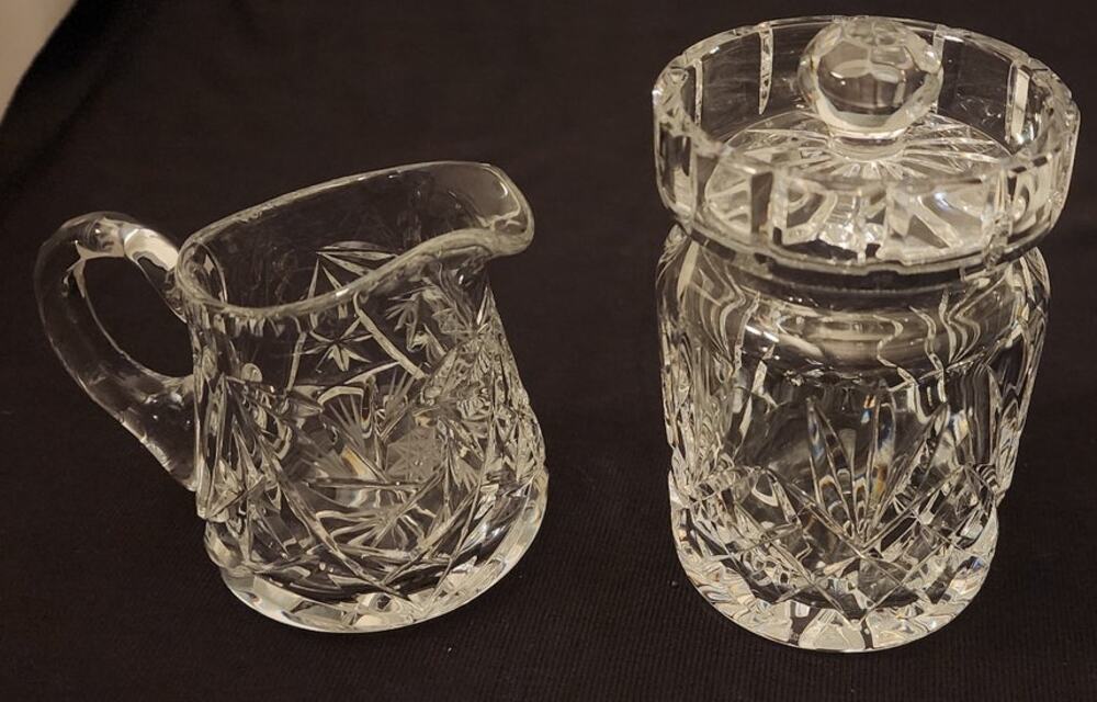 Vintage Clear Glass Crystal Creamer and Sugar Bowl Set with Lid Hand Blown 2 Pc